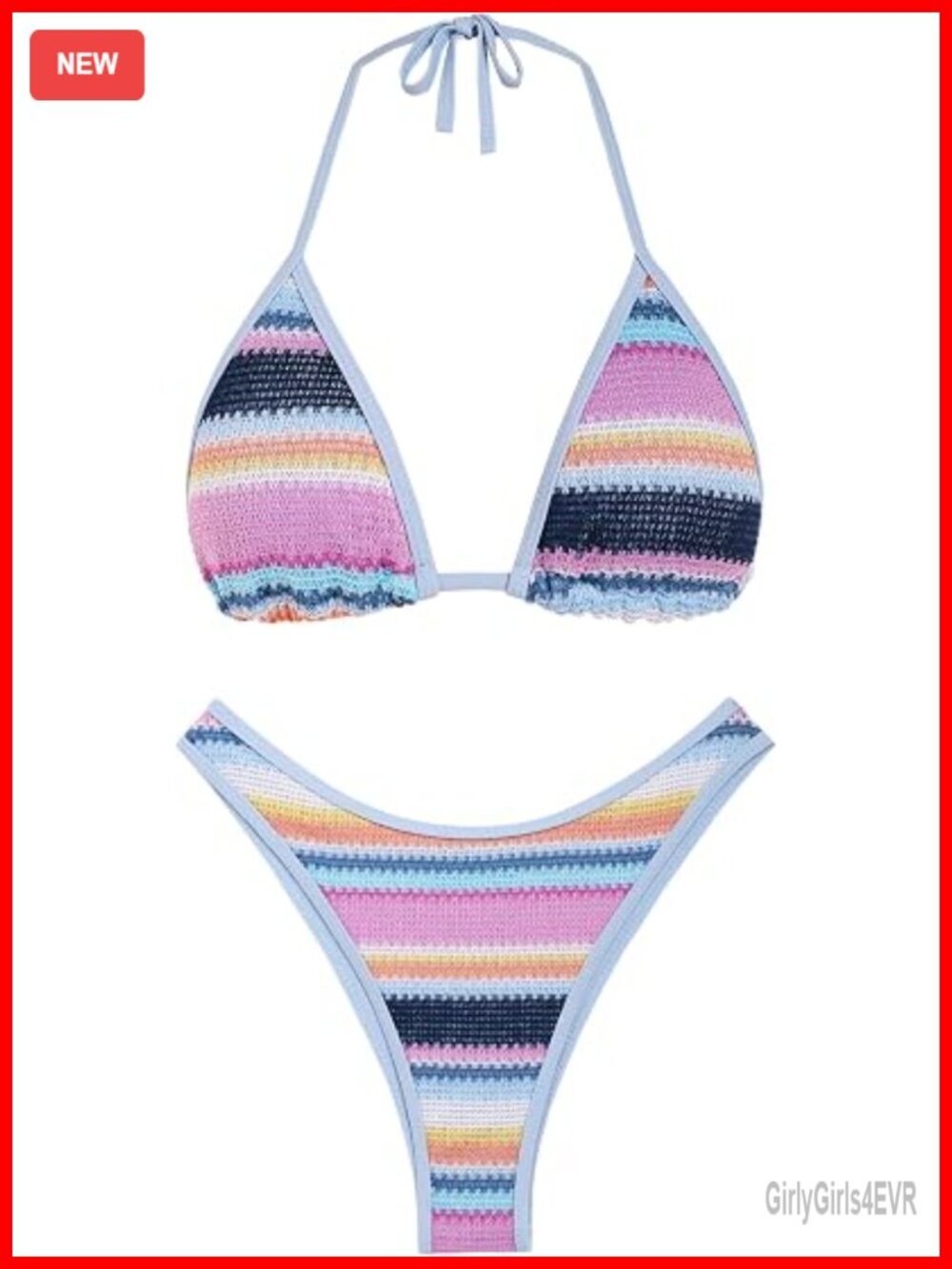 Halter Neck Crochet Colorblock Two Piece Bikini Set High Cut Thong Bathing Suit